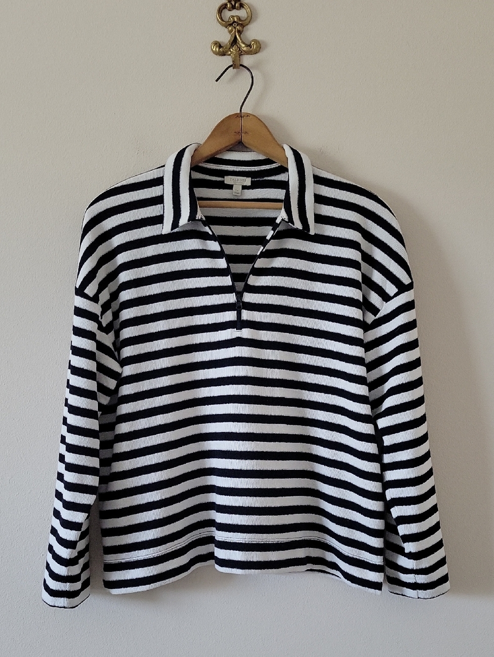 Talbots Black White Stripe Boxy 1/4 Zip Sweater Size Large Petite LP